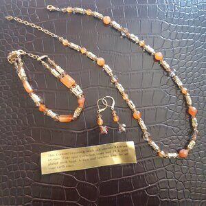 Tsumani Parure: Fire Opal Carnelian, Austrian Crystal and 18K Gold Plated Beads